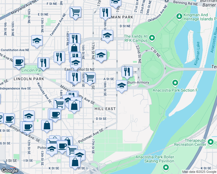 map of restaurants, bars, coffee shops, grocery stores, and more near 1804 Independence Avenue Southeast in Washington