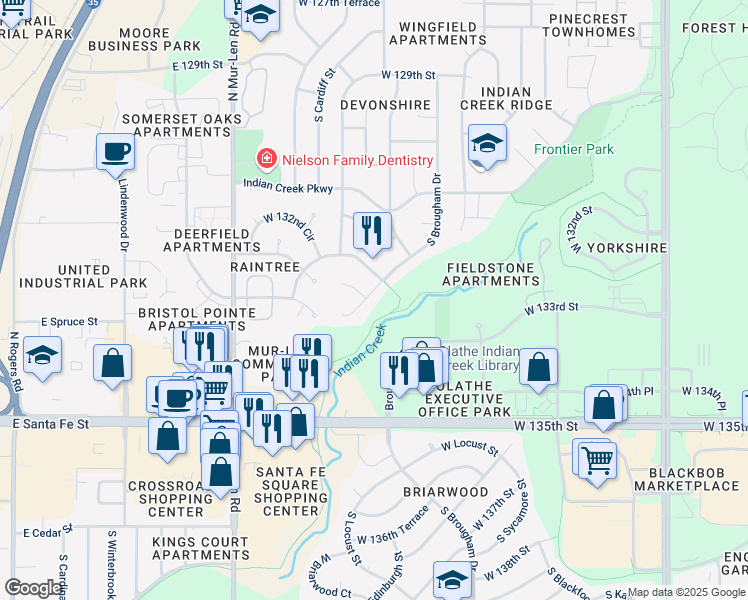 map of restaurants, bars, coffee shops, grocery stores, and more near 13209 South Brougham Drive in Olathe