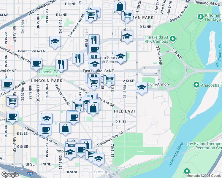 map of restaurants, bars, coffee shops, grocery stores, and more near 131 17th Street Southeast in Washington