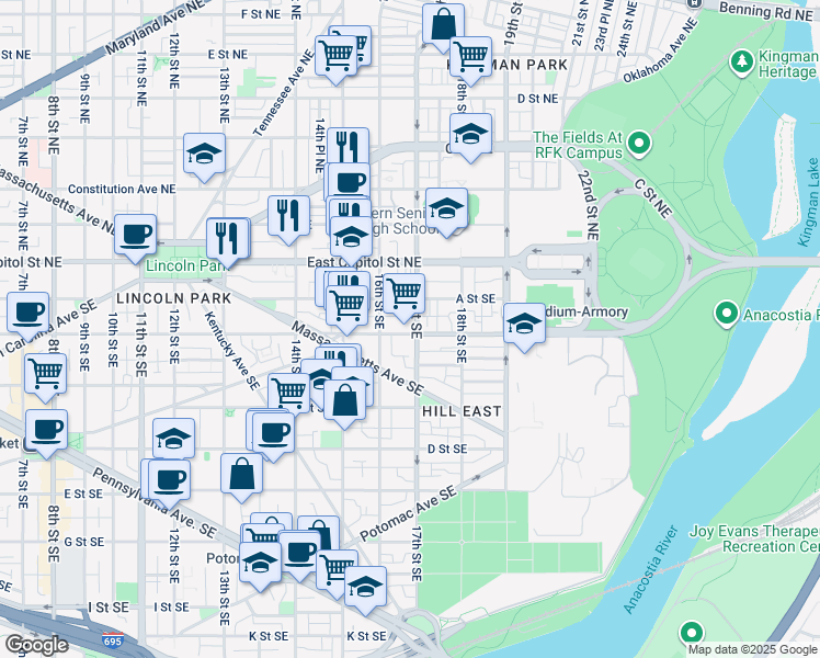 map of restaurants, bars, coffee shops, grocery stores, and more near 131 17th Street Southeast in Washington