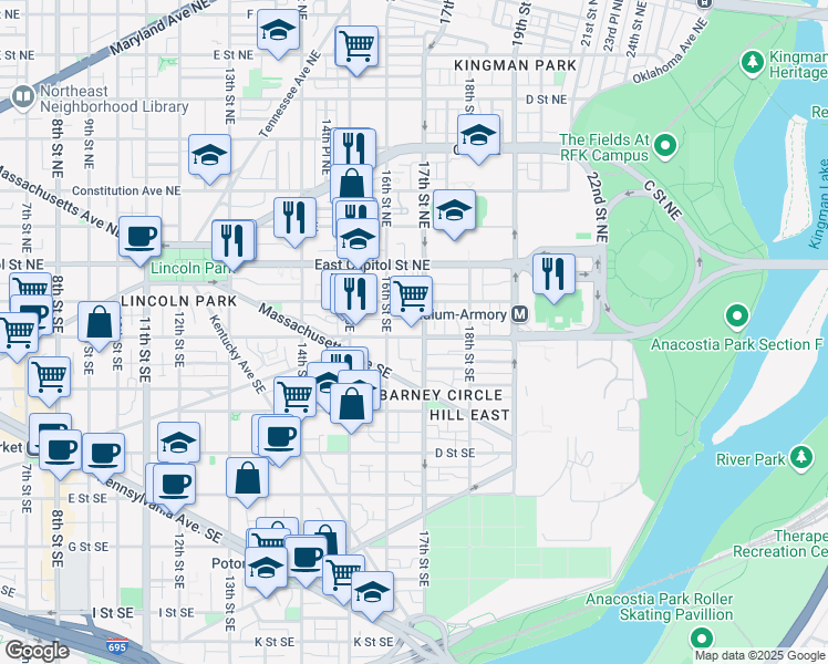 map of restaurants, bars, coffee shops, grocery stores, and more near 1644 Independence Avenue Southeast in Washington