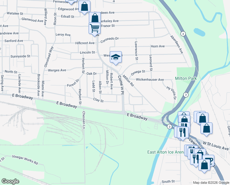 map of restaurants, bars, coffee shops, grocery stores, and more near 511 Stowell Avenue in Alton