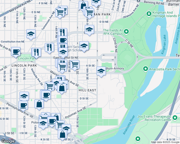 map of restaurants, bars, coffee shops, grocery stores, and more near 1804 Independence Avenue Southeast in Washington
