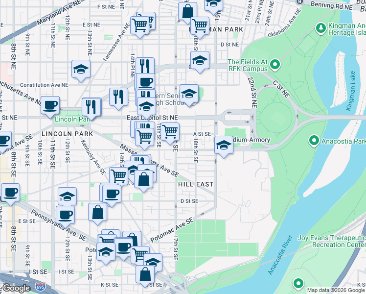 map of restaurants, bars, coffee shops, grocery stores, and more near 101 Independence Avenue Southeast in Washington