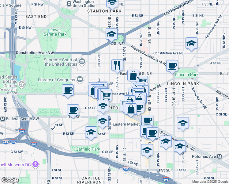 map of restaurants, bars, coffee shops, grocery stores, and more near 418 Independence Avenue Southeast in Washington
