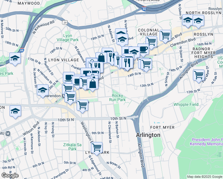 map of restaurants, bars, coffee shops, grocery stores, and more near 2502 North Fairfax Drive in Arlington