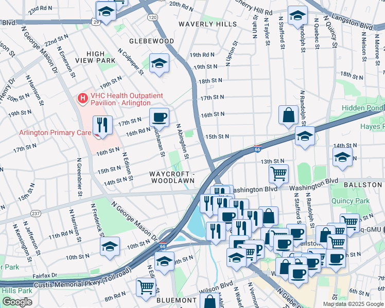 map of restaurants, bars, coffee shops, grocery stores, and more near 4635 14th Street North in Arlington