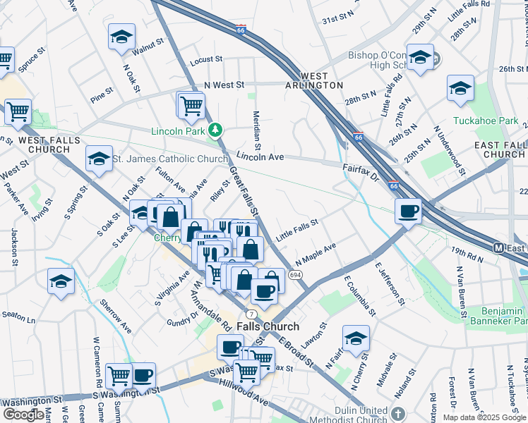 map of restaurants, bars, coffee shops, grocery stores, and more near 404 Great Falls Street in Falls Church