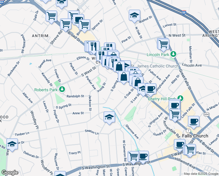 map of restaurants, bars, coffee shops, grocery stores, and more near 120 South Spring Street in Falls Church