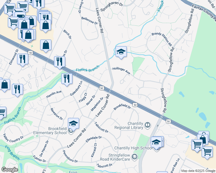 map of restaurants, bars, coffee shops, grocery stores, and more near 13500 U.S. 50 in Chantilly