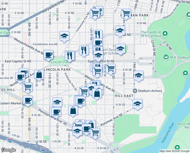 map of restaurants, bars, coffee shops, grocery stores, and more near 101 Independence Avenue Southeast in Washington