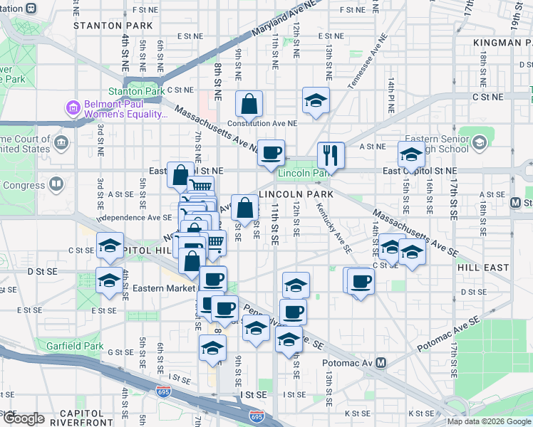 map of restaurants, bars, coffee shops, grocery stores, and more near 101 Independence Avenue Southeast in Washington
