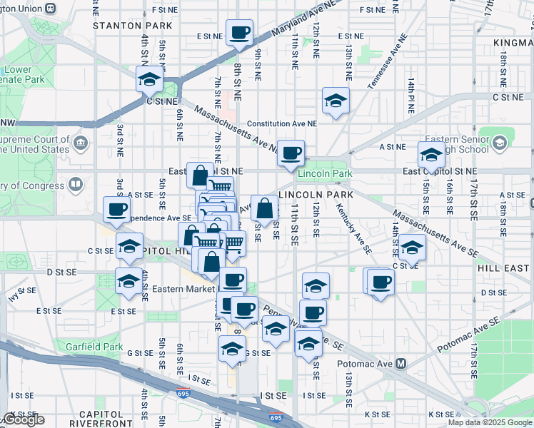 map of restaurants, bars, coffee shops, grocery stores, and more near 910 Independence Avenue Southeast in Washington