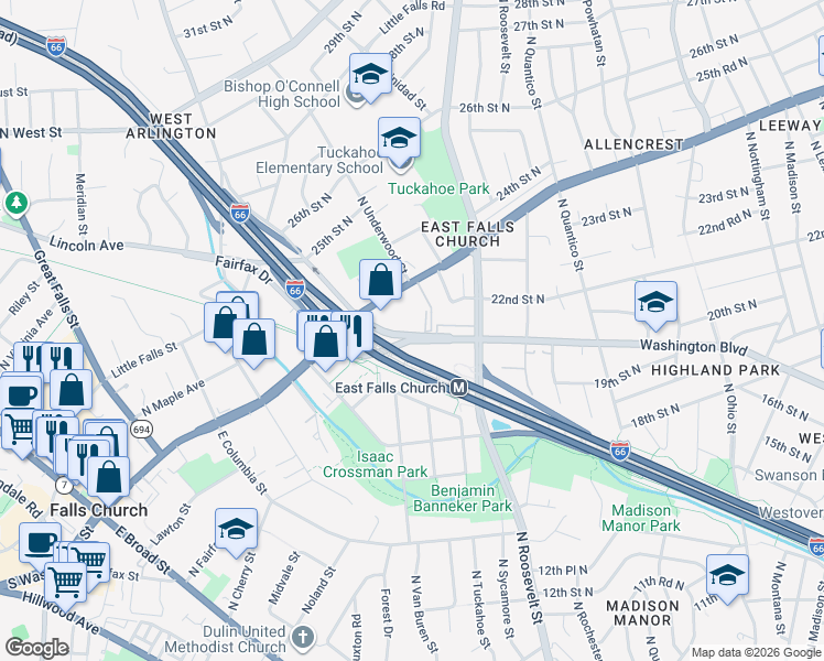 map of restaurants, bars, coffee shops, grocery stores, and more near 6711 Washington Boulevard in Arlington