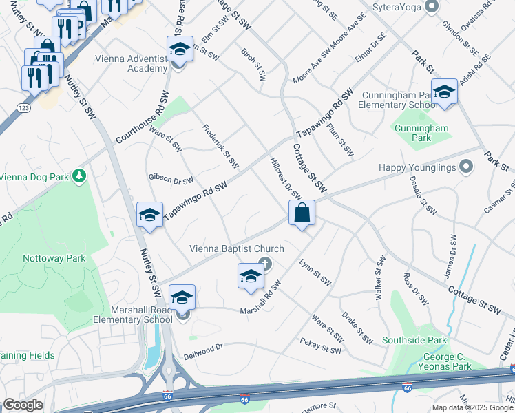 map of restaurants, bars, coffee shops, grocery stores, and more near 905 Olympian Circle Southwest in Vienna