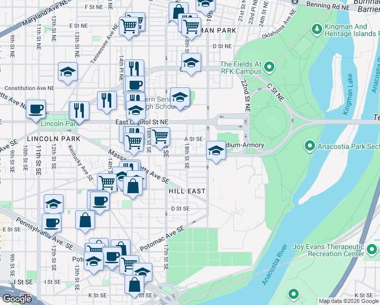 map of restaurants, bars, coffee shops, grocery stores, and more near 128 18th Street Southeast in Washington