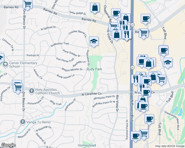 map of restaurants, bars, coffee shops, grocery stores, and more near 5442 Wagon Master Drive in Colorado Springs