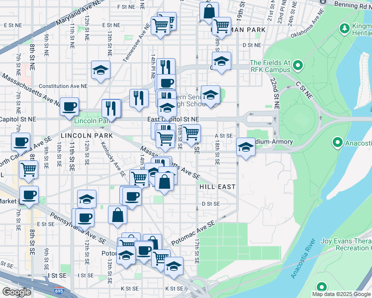 map of restaurants, bars, coffee shops, grocery stores, and more near 101 Independence Avenue Southeast in Washington
