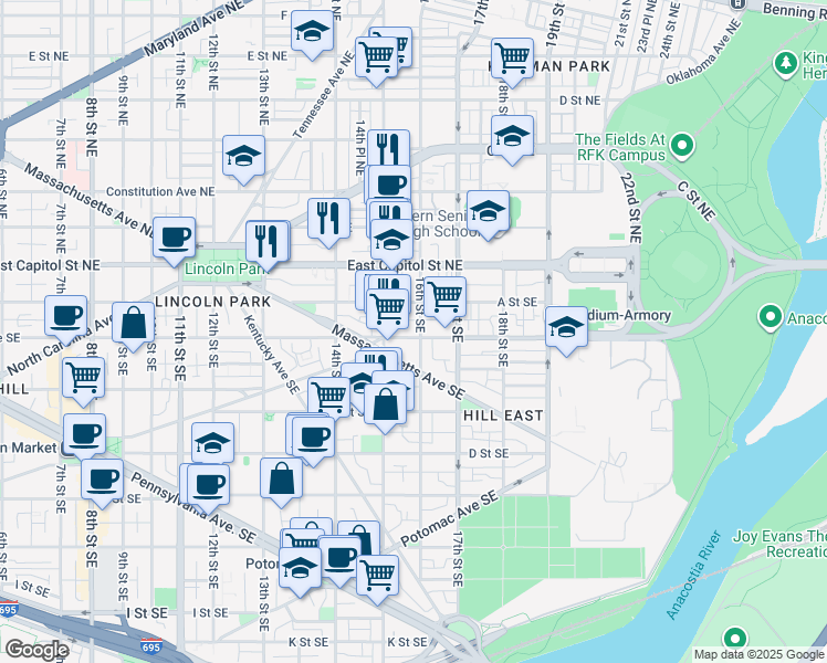 map of restaurants, bars, coffee shops, grocery stores, and more near 101 Independence Avenue Southeast in Washington