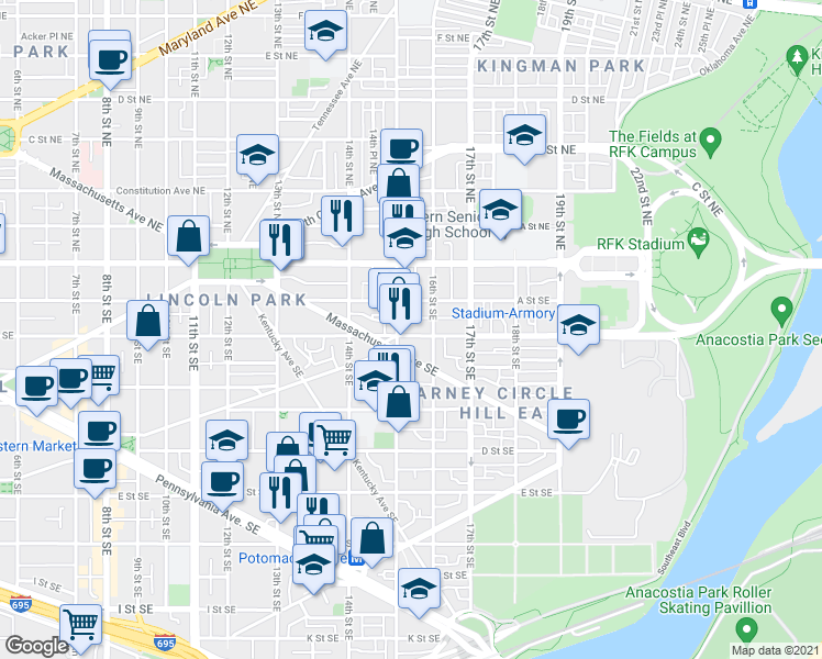 map of restaurants, bars, coffee shops, grocery stores, and more near 101 Independence Avenue Southeast in Washington