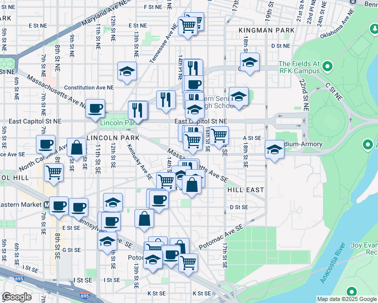 map of restaurants, bars, coffee shops, grocery stores, and more near 101 Independence Avenue Southeast in Washington