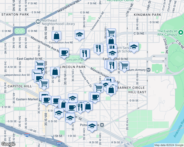 map of restaurants, bars, coffee shops, grocery stores, and more near 101 Independence Avenue Southeast in Washington
