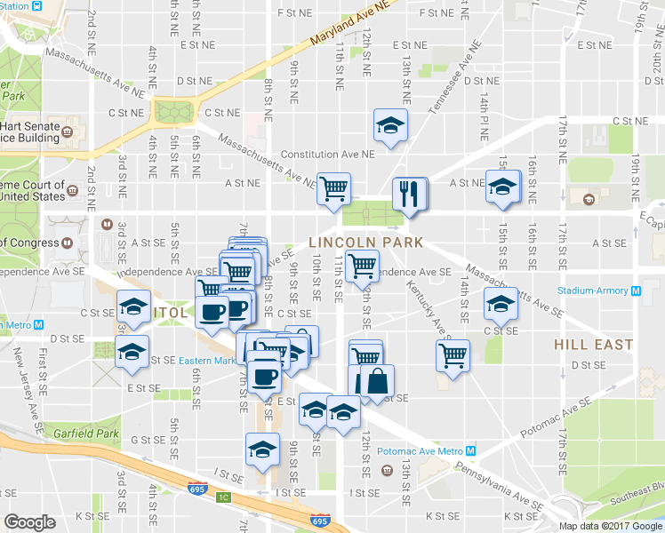 map of restaurants, bars, coffee shops, grocery stores, and more near 101 Independence Avenue Southeast in Washington