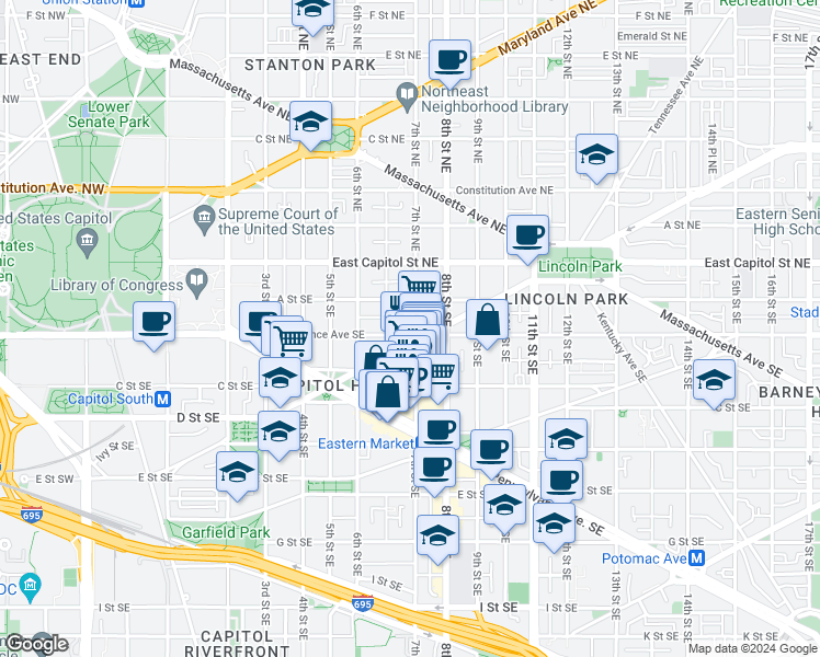 map of restaurants, bars, coffee shops, grocery stores, and more near 101 Independence Avenue Southeast in Washington