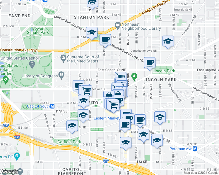 map of restaurants, bars, coffee shops, grocery stores, and more near 101 Independence Avenue Southeast in Washington