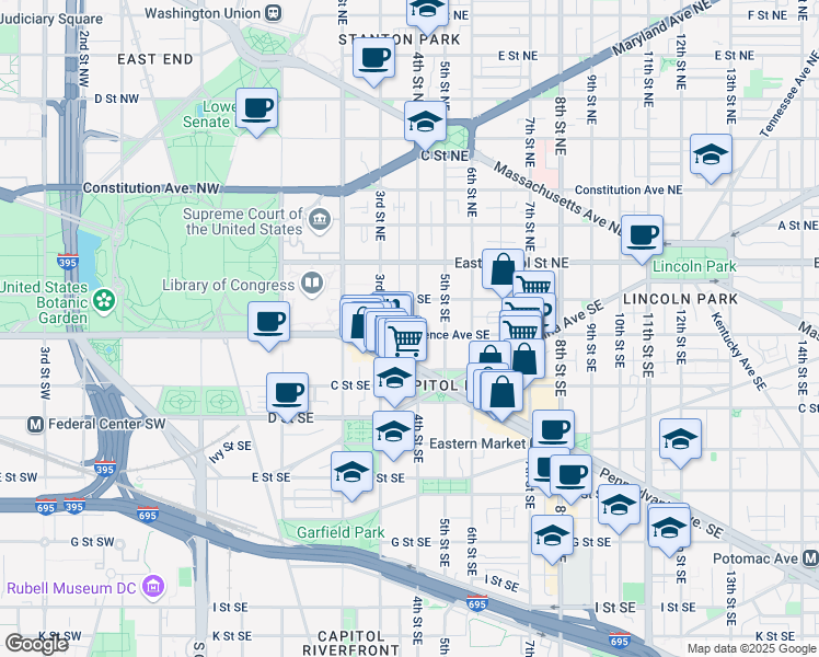 map of restaurants, bars, coffee shops, grocery stores, and more near 101 Independence Avenue Southeast in Washington