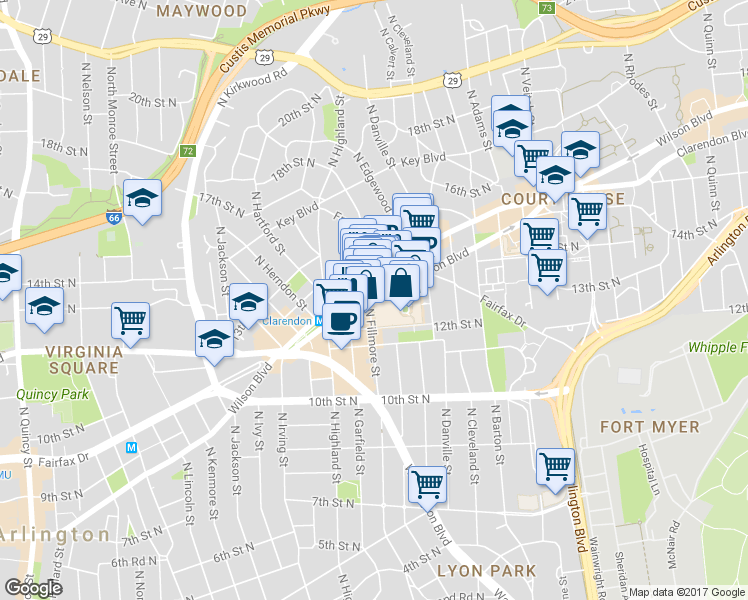 map of restaurants, bars, coffee shops, grocery stores, and more near 0 Arlington Boulevard in Arlington
