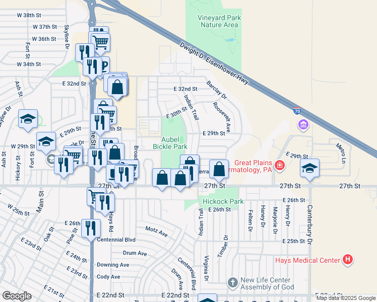 map of restaurants, bars, coffee shops, grocery stores, and more near 2805-2807 Indian Trail in Hays