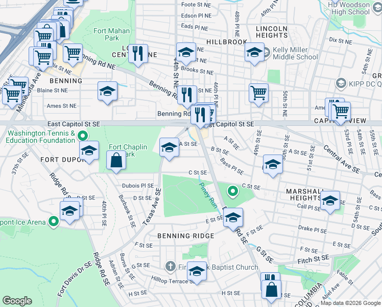map of restaurants, bars, coffee shops, grocery stores, and more near 4448 B Street Southeast in Washington