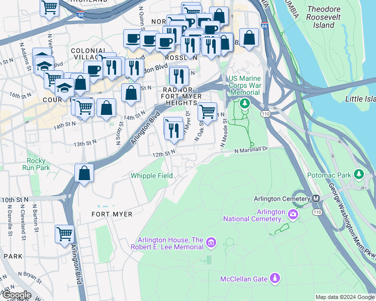 map of restaurants, bars, coffee shops, grocery stores, and more near 1222 North Meade Street in Arlington
