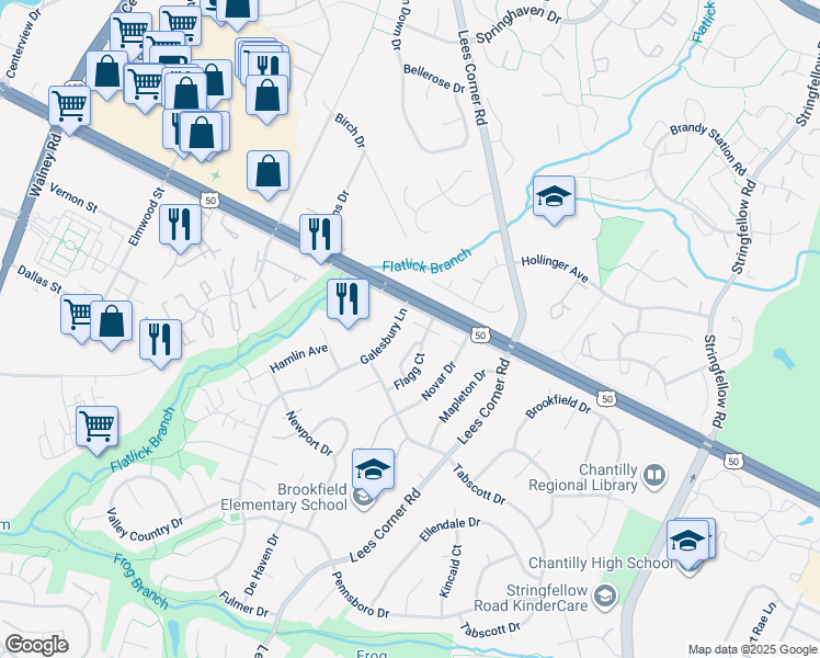 map of restaurants, bars, coffee shops, grocery stores, and more near 3030 Virginia Dare Court in Chantilly