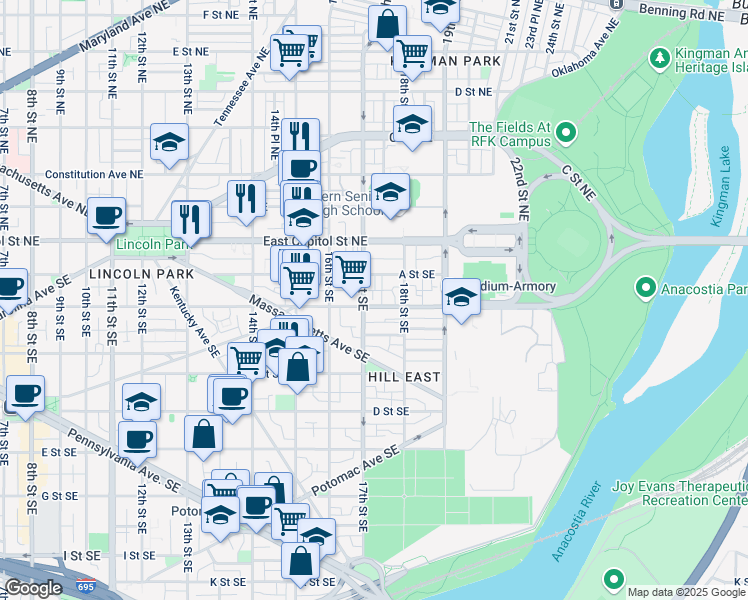 map of restaurants, bars, coffee shops, grocery stores, and more near 1712 Independence Avenue Southeast in Washington