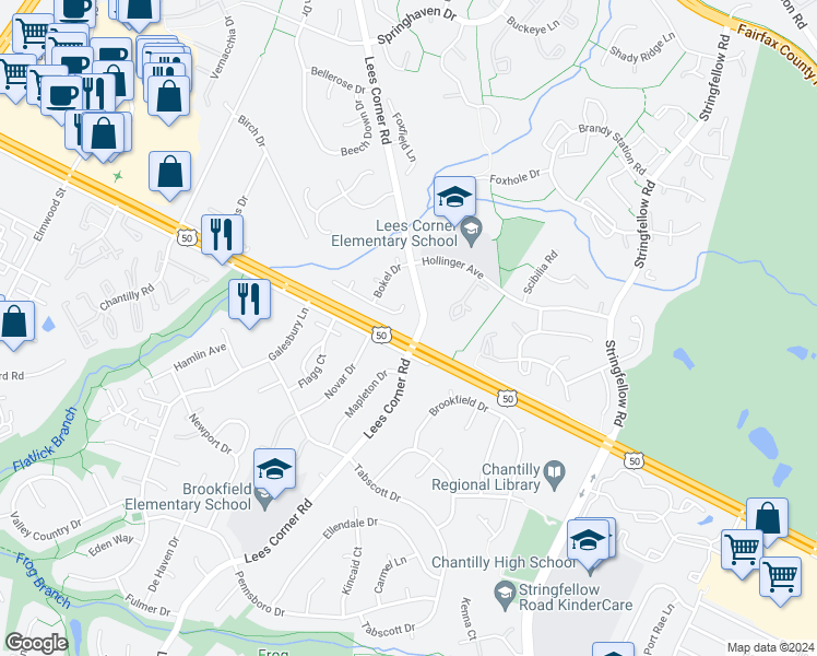 map of restaurants, bars, coffee shops, grocery stores, and more near 13500 U.S. 50 in Chantilly