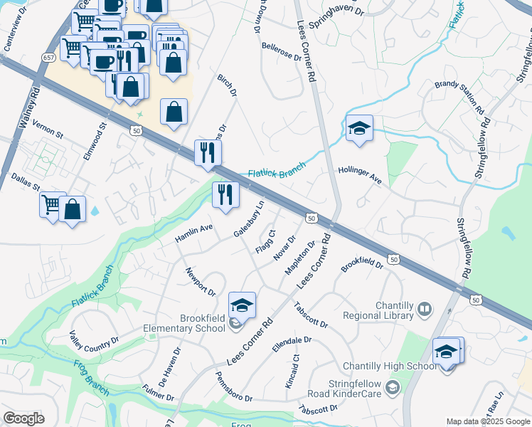map of restaurants, bars, coffee shops, grocery stores, and more near 3030 Virginia Dare Court in Chantilly