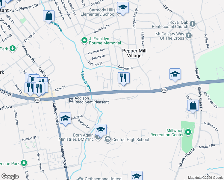 map of restaurants, bars, coffee shops, grocery stores, and more near 3 Cindy Lane in Capitol Heights