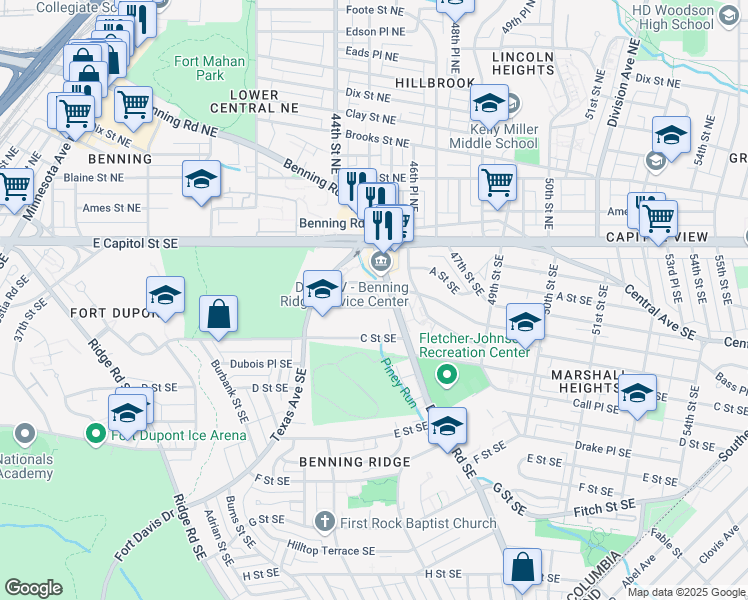 map of restaurants, bars, coffee shops, grocery stores, and more near 4456 B Street Southeast in Washington