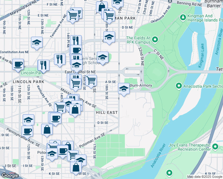 map of restaurants, bars, coffee shops, grocery stores, and more near 101 Independence Avenue Southeast in Washington