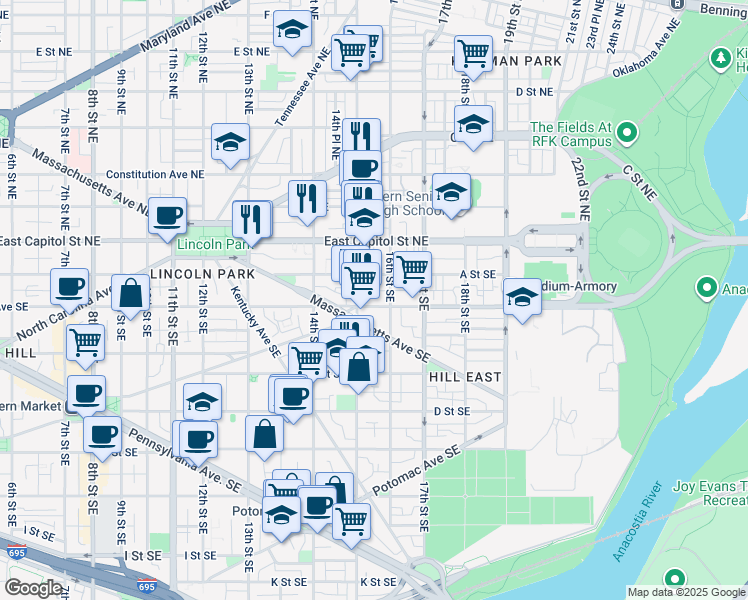 map of restaurants, bars, coffee shops, grocery stores, and more near 1524 Independence Avenue Southeast in Washington