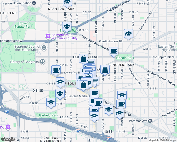 map of restaurants, bars, coffee shops, grocery stores, and more near 101 Independence Avenue Southeast in Washington
