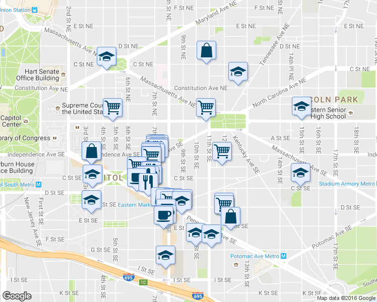 map of restaurants, bars, coffee shops, grocery stores, and more near 101 Independence Avenue Southeast in Washington