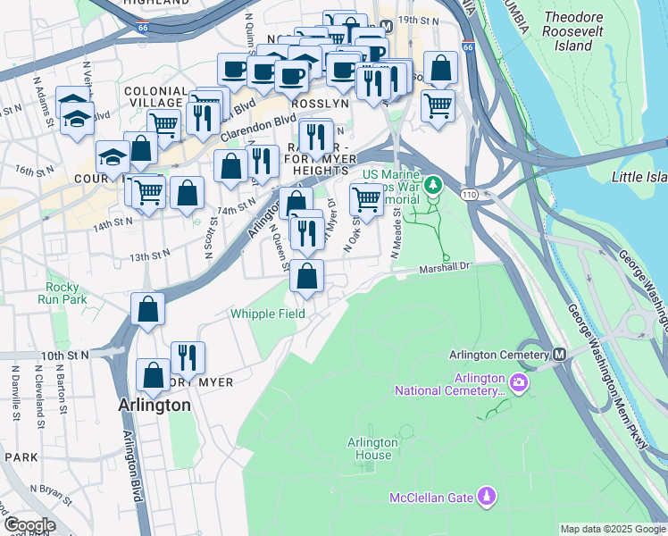map of restaurants, bars, coffee shops, grocery stores, and more near 1510 12th Street North in Arlington
