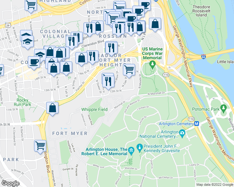 map of restaurants, bars, coffee shops, grocery stores, and more near 101 Independence Avenue Southeast in Washington