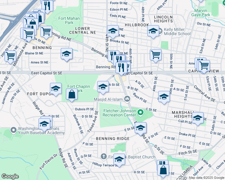 map of restaurants, bars, coffee shops, grocery stores, and more near 4438 B Street Southeast in Washington