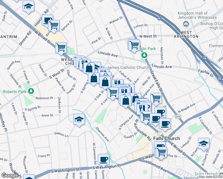 map of restaurants, bars, coffee shops, grocery stores, and more near 700 West Broad Street in Falls Church