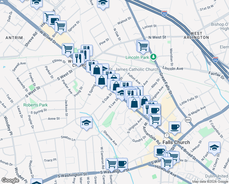map of restaurants, bars, coffee shops, grocery stores, and more near West Broad Street in Falls Church