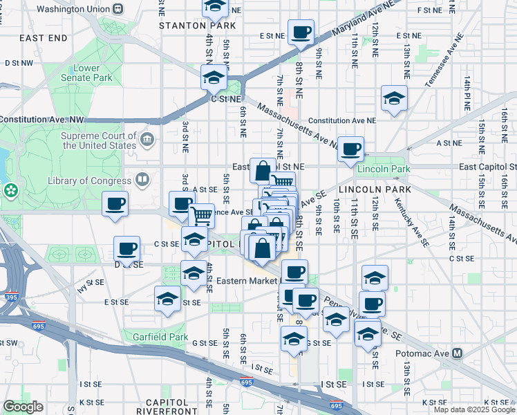 map of restaurants, bars, coffee shops, grocery stores, and more near 630 Independence Avenue Southeast in Washington